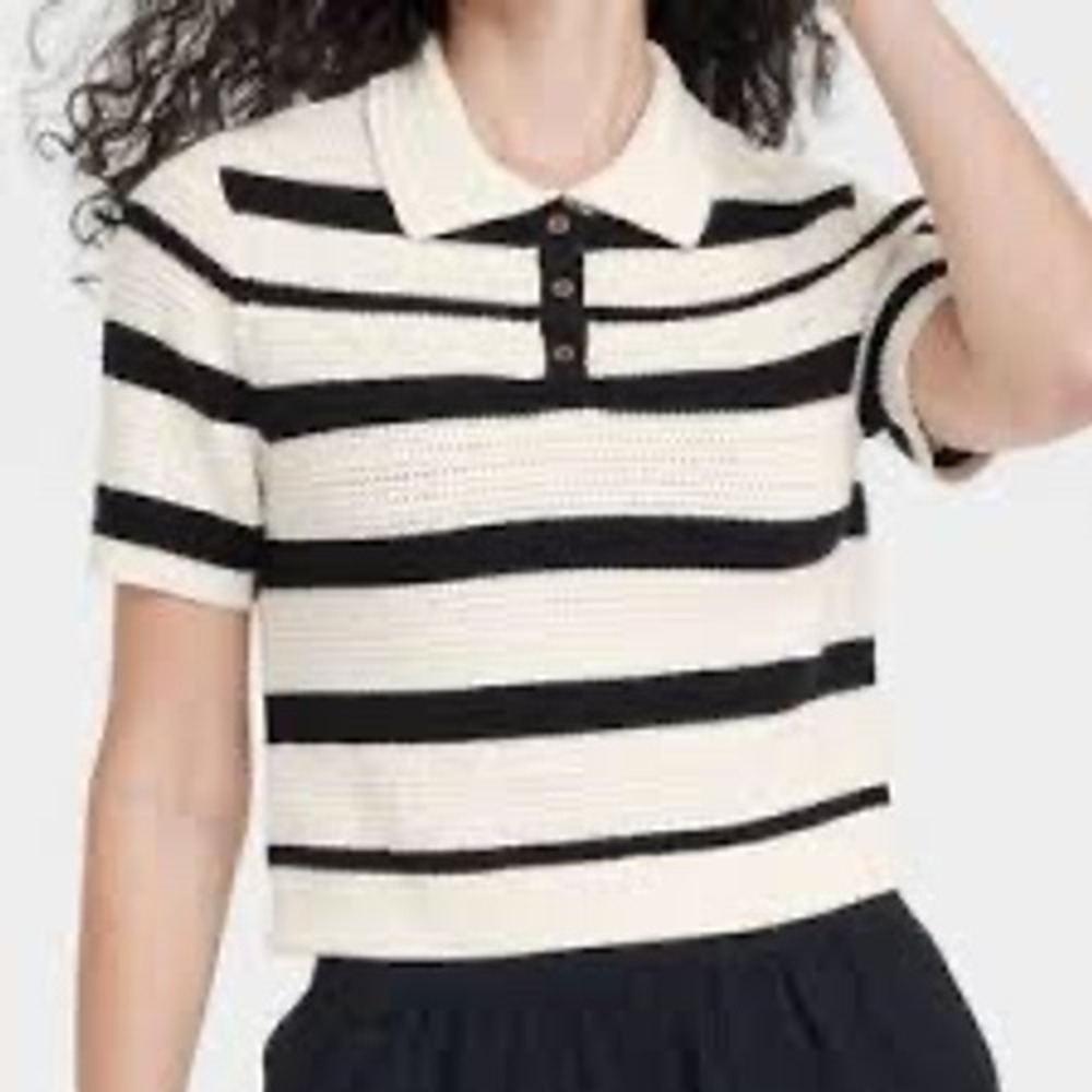 Universal Thread Crochet Striped Knit Polo Shirt XXL Black‎ White Short Sleeve
